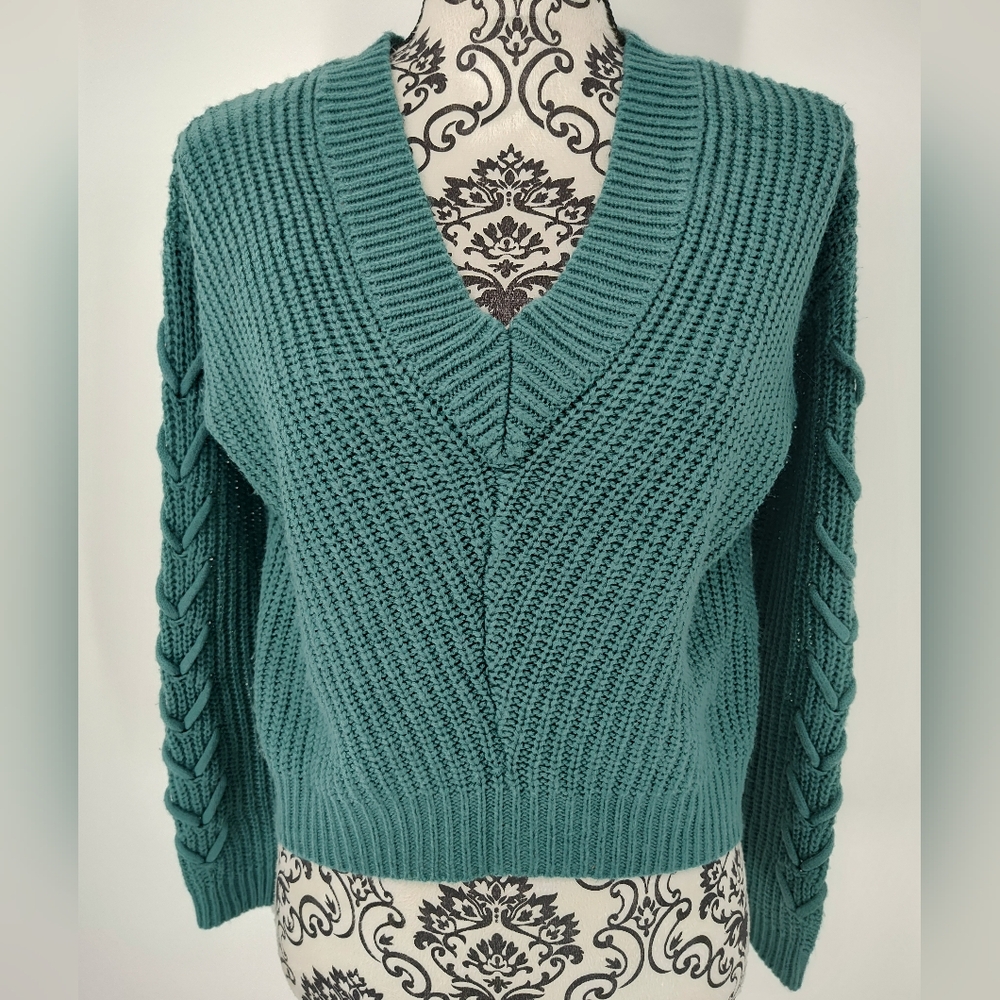 Rue21 Teal Green V-Neck Cropped Knit Long Sleeve Sweater Women's Small